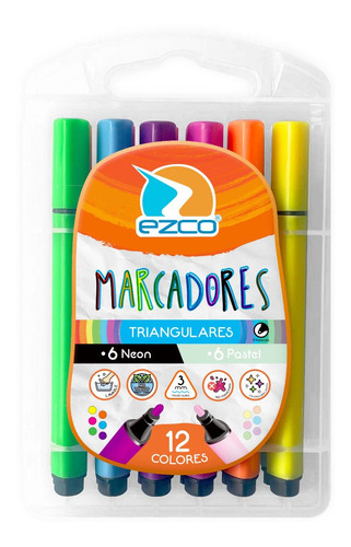Marcadores Ezco X 12 Colores Pastel + Neon Estuche Valija