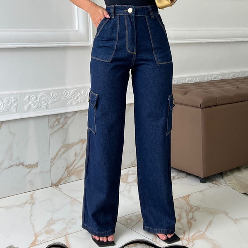 Calça Jeans 100% Cargo Tendencia Moderna Jovem Soltinha Luxo