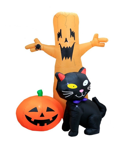 Inflable Decorativo Arbol Calabaza Gato Halloween Con Luces