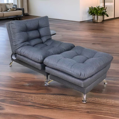 Sillón Con Taburete Futon Individual Sofa Cama Lino Hueso