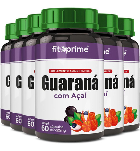 Kit 6 Guaraná Com Açai 60 Cápsulas 750mg Fitoprime