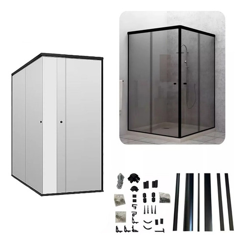 Kit Banheiro Aluminio De Canto Preto Box 1,10x1,30m S/ Vidro Liso