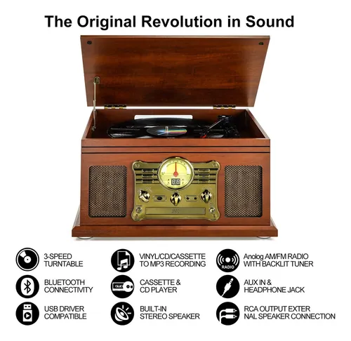 Tocadiscos Bluetooth 10 En 1 Caoba 3 Velocidades Con Altavoc