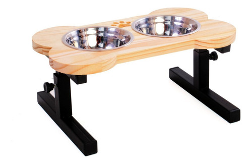 Comedouro Madeira Elevado Duplo P/ Cães Tamanho M- Ajustável Cor Preto N/a
