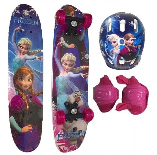 Skate Infantil Rosa Frozen Com Kit Proteção
