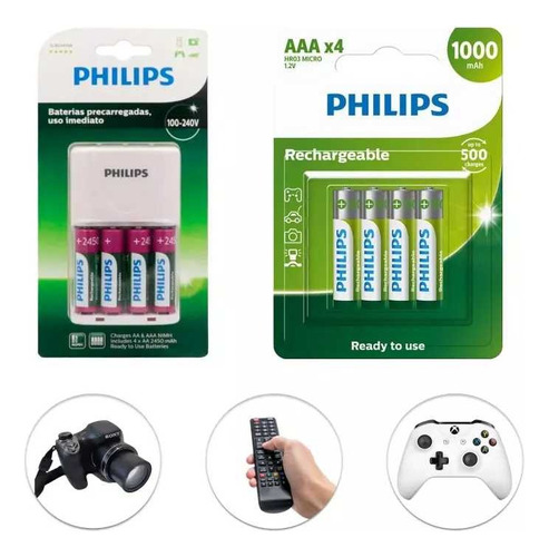 Carregador Philips C/4 Pilhas Aa+4pilhas Aaa  Recarregavel