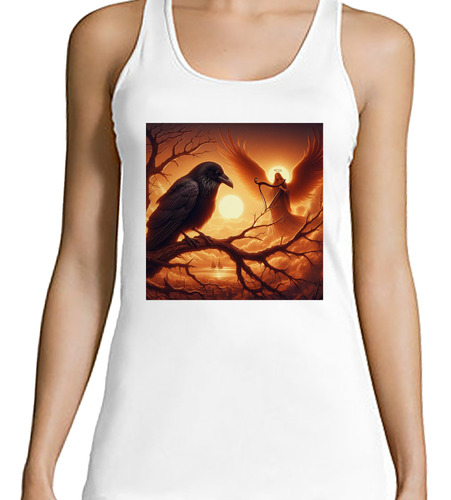 Musculosa Mujer Cuevo Y Angel Cielo Atardecer Rama