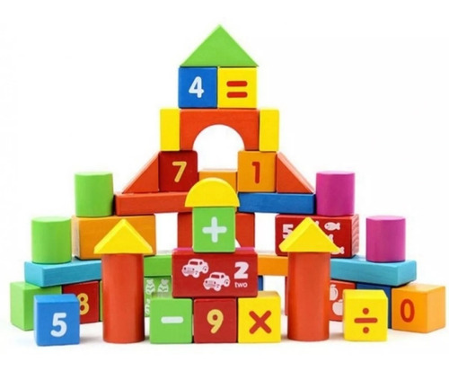 Balde Bloques Madera Construcción Matemáticas 40 Pzs Didacti