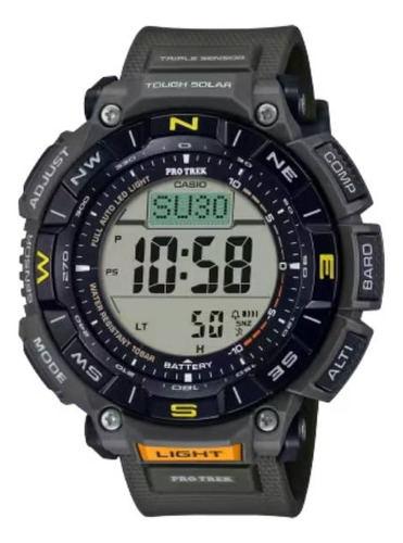 Reloj de pulsera Casio Pro Trek PRG-340 de cuerpo color verde militar, digital, fondo gris, con correa de uretano color verde militar, dial negro, minutero/segundero negro, bisel color negro y hebilla simple