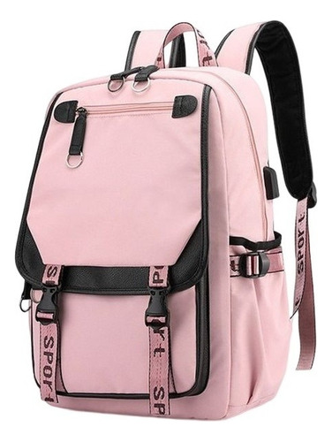 Mochila Escolar Lona Puerto Usb Negro Rosa Bolsa Grande