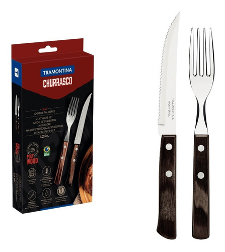Juego Cubiertos Asado Tramontina Polywood Acero Inox 12 Pzs Color Marrón