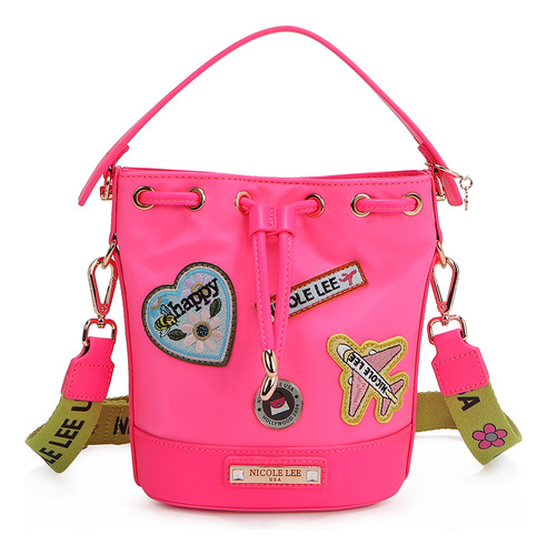 Bolsa De Jareta De Nicole Lee De Nylon Con Parches Ss25 Acabado de los herrajes Níquel Color Rosa chicle Correa de hombro Color Patch Diseño de la tela Color Patch