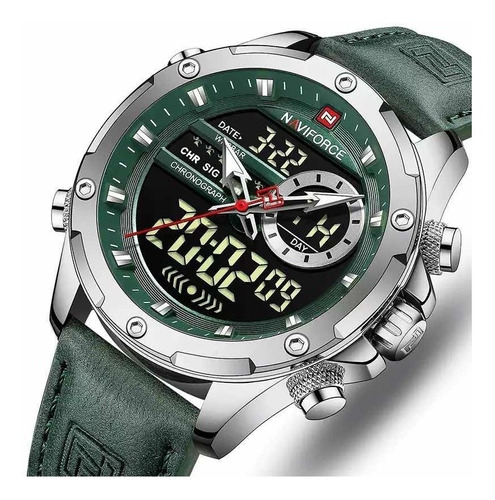 Reloj de pulsera Naviforce NF9197L de cuerpo color plateado, analógico-digital, para hombre, fondo verde y negro, con correa de cuero color verde, agujas color verde y blanco y plateado, dial blanco y plateado y beige, subesferas color negro y blanco y plateado, minutero/segundero blanco y beige, bisel color verde y plateado, luz azul y hebilla simple