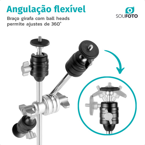 Mini Tripé De Inox TGF-053i Com Braço Articulado, Ball Head 360°, Base C-Stand Antiderrapante, Altura Ajustável 30cm a 53cm, Suporte Para Celular, Iluminação, Câmera e Microfone - Sou Foto