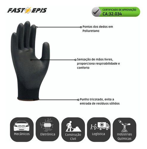 Kit 12 Pares Luva Tátil Volk Em Nylon Com Banho Pu Preta