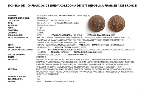Imagen 3 de 3 de Moneda 100 Francos De Nueva Caledonia 1976 Bronce. Colección