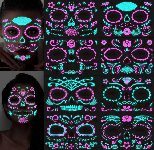 Face Tattoo Temporal Facial Neon Disfraz Fiesta Catrina Mask