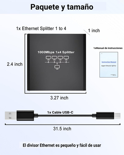 Adaptador Ethernet Red Gigabit Divisor Rj45 1 En 4 1000mbps