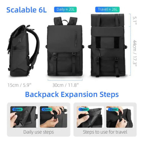 Mochila de viaje expandible Mark Ryden, color negro liso, 15,6 puertos USB