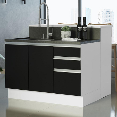Isla de cocina con encimera y encimera, 120 cm, Glamy Madesa Bp, color blanco/negro