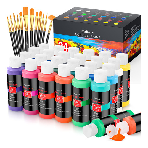 Caliart Juego De Pintura Acrlica Con 12 Pinceles, 24 Colores