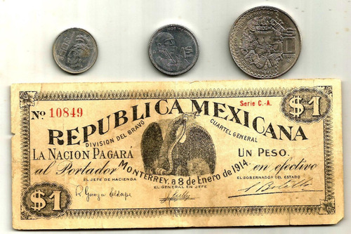 Monedas Mexicanas Y Billete Un Peso De Monterrey 1914
