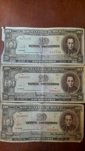 3 Billetes Bolivia;(20 Bolivianos Año 1945), Buen Estado..