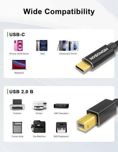 Cable De Impresora Hosongin Usb B A Usb C 15 Pies, Tipo B A