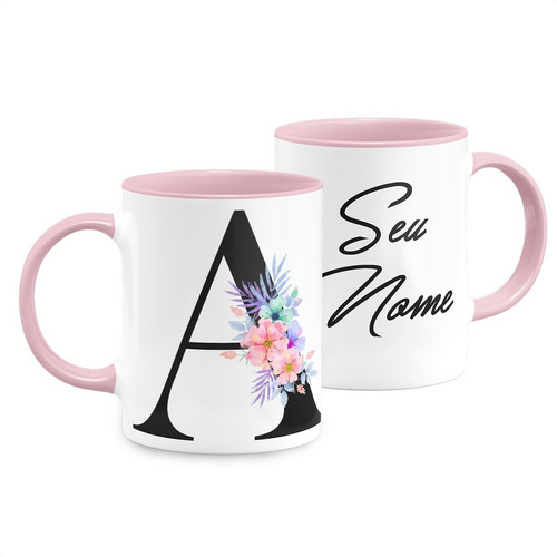 Caneca Personalizada Letra Inicial Nome Alfabeto Alça Rosa