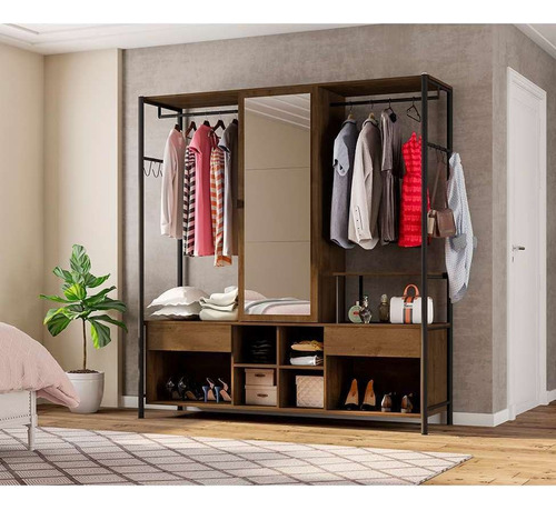 Guarda-roupa Closet Modulado Com Espelho New Barcelona 1 ... Cor Marrom