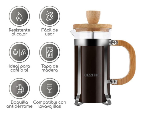 Prensa Francesa Cazzenie De Madera Para Cafe 600 Ml 1 Taza Color Madera / Metálico