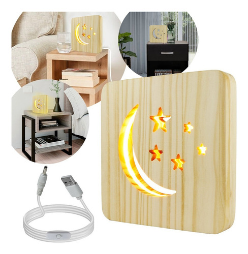 Lampara Calada Led Para Escritorio De Madera Luz Noche Usb Color De La Estructura Luna Y Estrellas