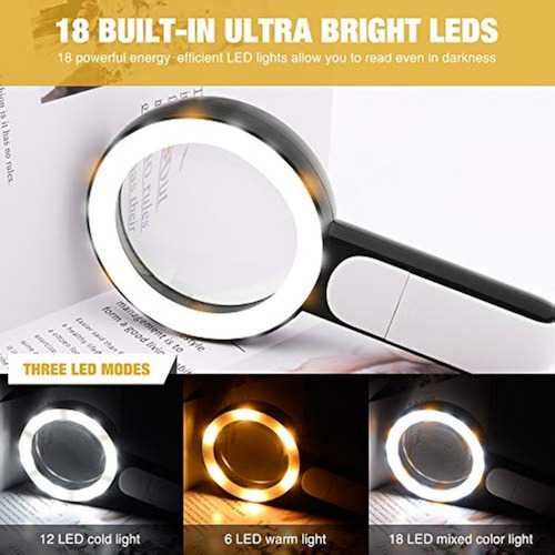 Jmh Lupa Con Luz, 30x De Mano Grande Lupa 18 Led, 2 Luz