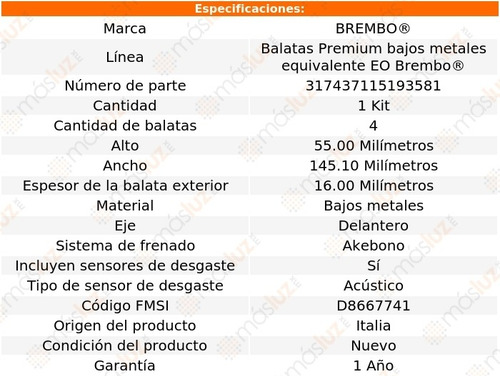 Balatas Bajos Metales Delanteras Compass 2007/2017 Brembo