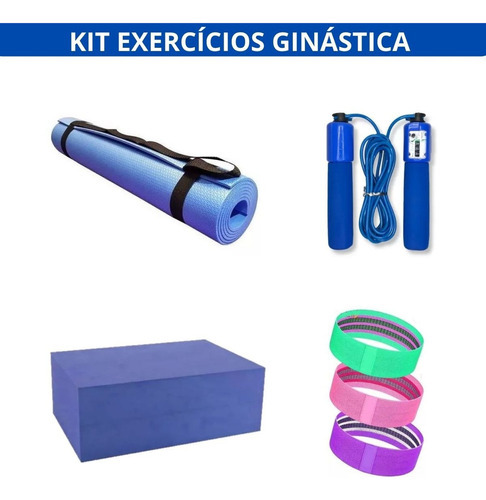 Kit 4 Pçs Tapete Yoga Bloco Eva Cordinha Pular Fita Elastica Cor Azul