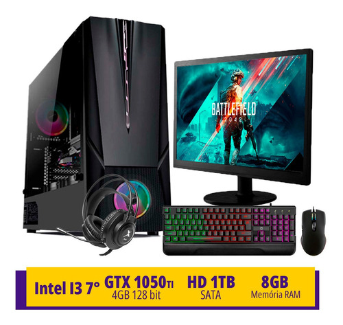 Imagem 2 de 8 de Pc Gamer Completo I3 7100 8gb Gtx 1050 Hd 1tb Ssd 120gb 19