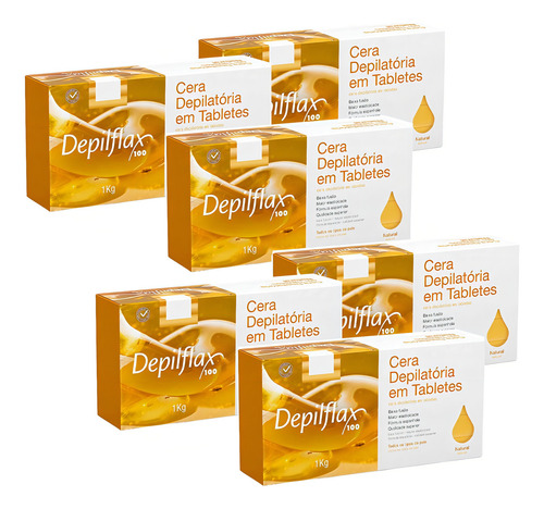 Kit 6 Cera Quente Depilação Tabletes Natural Depilflax 1kg