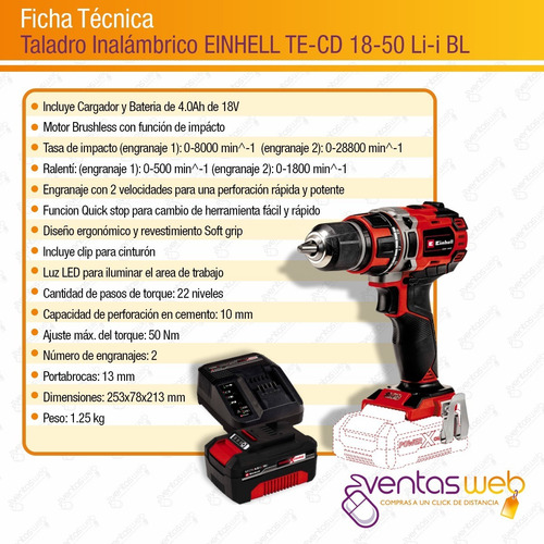 Taladro Atornillador Percutor Brushless 18v + Bateria 4 Amp