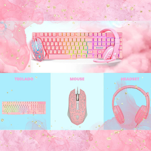 Kit Monitor 19'' Hdmi E Vga + Teclado E Mouse Rosa Gamer