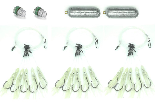 Deep Drop Glow Squid Bundle - 3 Aparejos, 2 Luces De Caída P