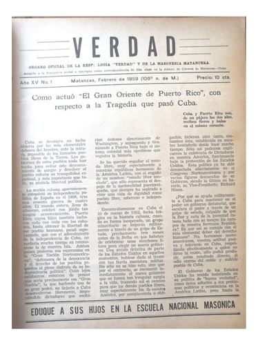 Revista Masonica Antigua. Verdad. Feb 1959 Año 15 -1, Cuba