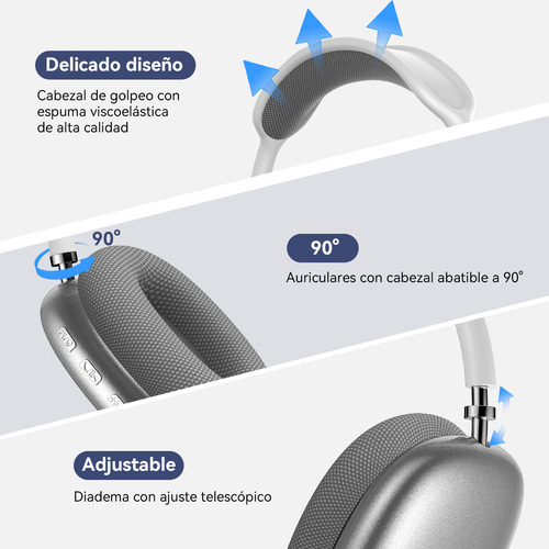 Audífonos Inalámbricos Over-ear Mecdets P9 Pro Max Con Bluetooth, Sonido De Bajos Profundos, Micrófono Integrado, Cancelación De Ruido, Plateado