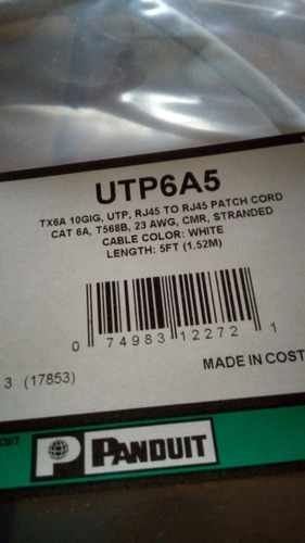 Cable Panduit Utp6a5  Cat 6a Color Blanco 1.52 Mts Tx6a 10 G