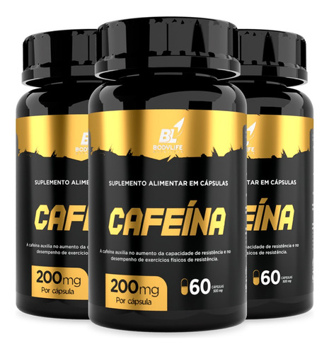 Kit 3 Potes Cafeína Body Life 200 Mg Por Caps Nutrivale Sabor Sem Sabor