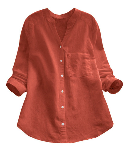 Imagen 1 de 5 de Blusa Manga Larga De Lino Algodón Sólido Para Mujer