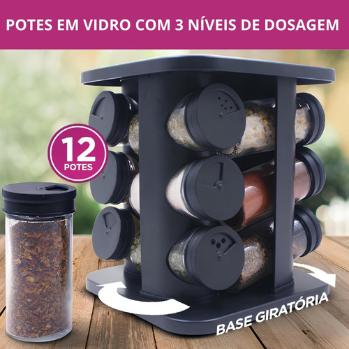 Porta Temperos E Condimentos Giratório Com 12 Potes De Vidro Ms Variedades E Utilidades Preto Organiza Cozinha