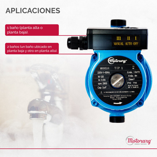 Imagen 4 de 12 de Bomba Presurizadora Motorarg Tip1 9mts 1-2 Baños Accesorios