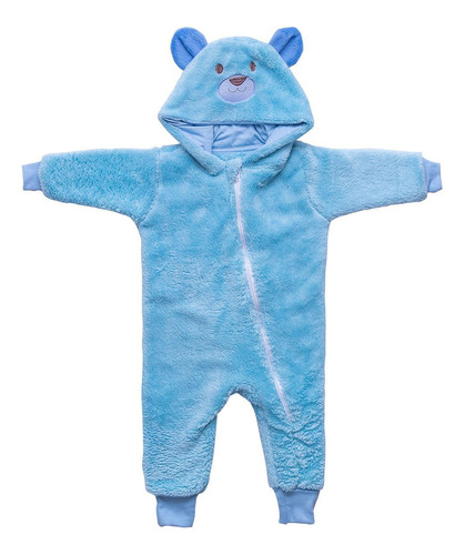 Macacão De Microfibra Com Capuz Urso Azul Baby Joy