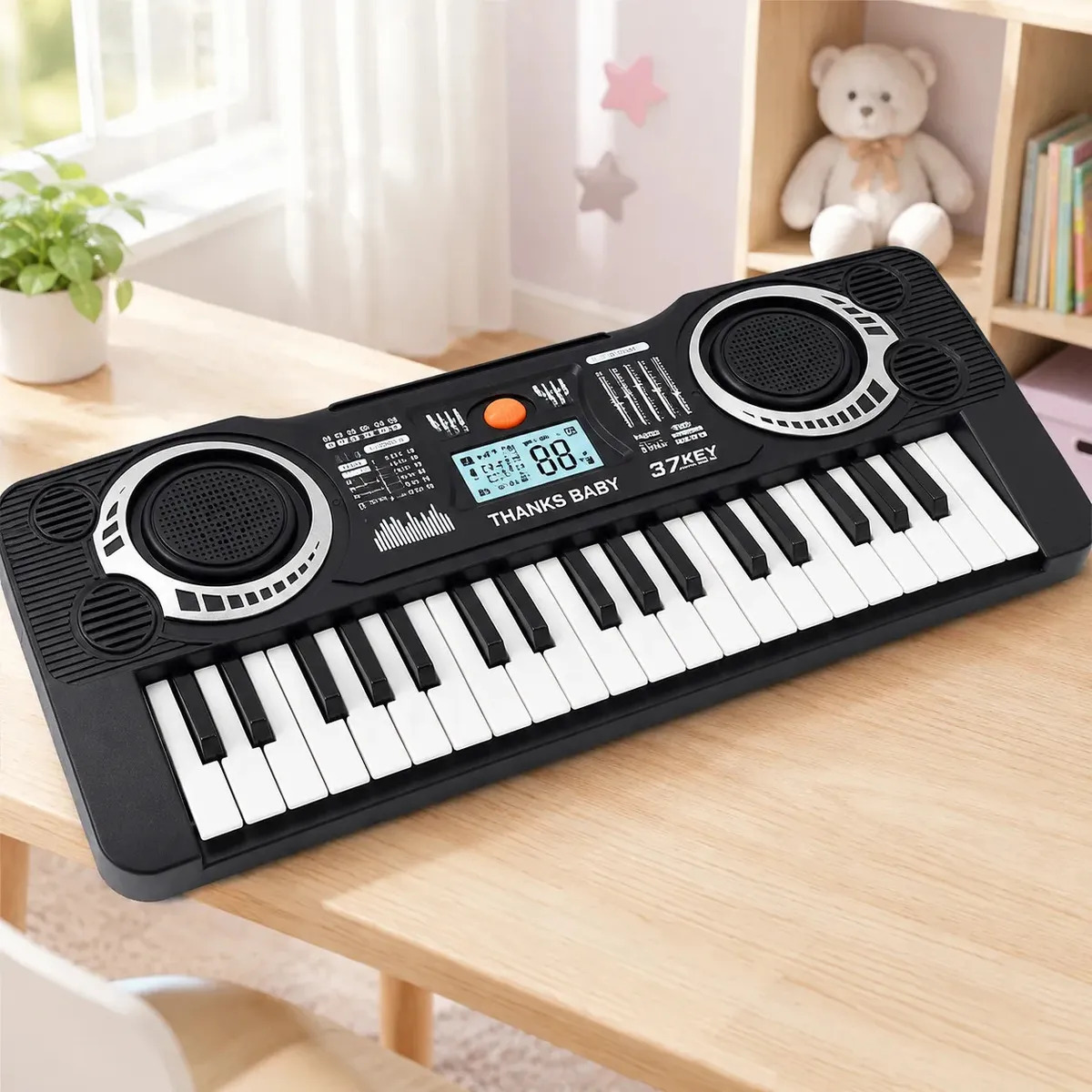 Imagen de Mini piano electrónico de 37 teclas, color negro. Instrumento musical educativo y portátil, ideal para principiantes.