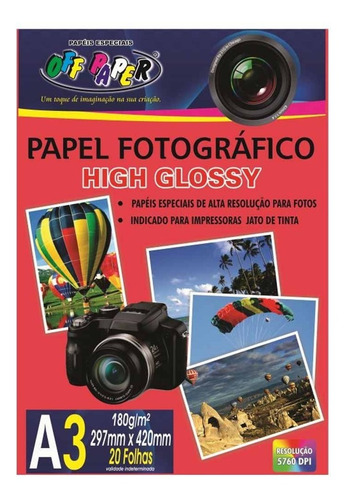 Papel Fotográfico A3 High Glossy 180g Off Paper 20 Folhas